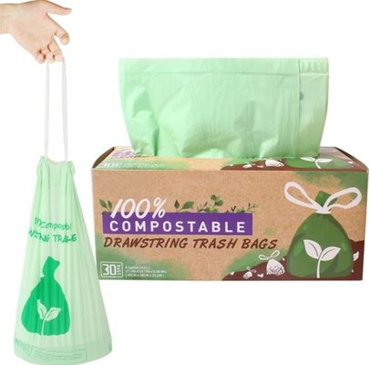 Sacos de lixo de corda de tração compostáveis personalizáveis com caixa de distribuição de varejo
